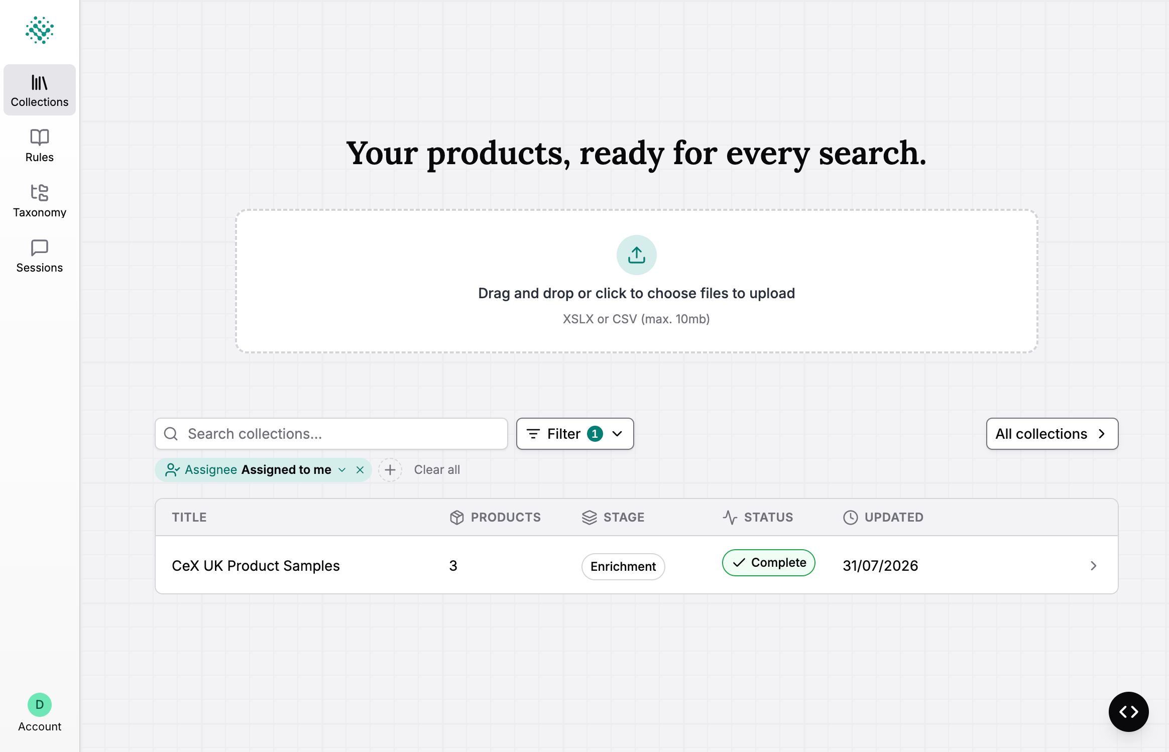 The Ocula platform's collections screen, with a file upload area above a table of product collections